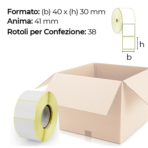 Confezione da 38 rotoli di etichette a trasferimento termico 40×30 mm Ø 41